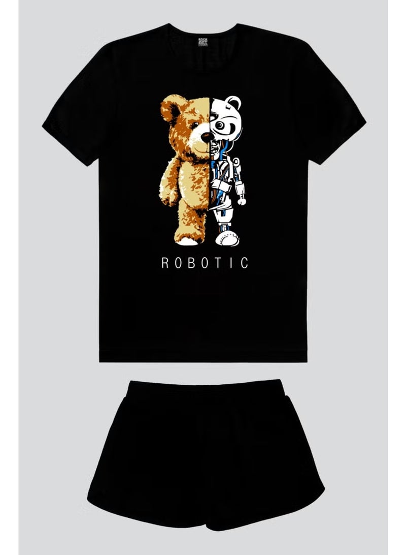 Rock&Roll Robot Bear Black Short Sleeve Women's Shorts Set - Image 3